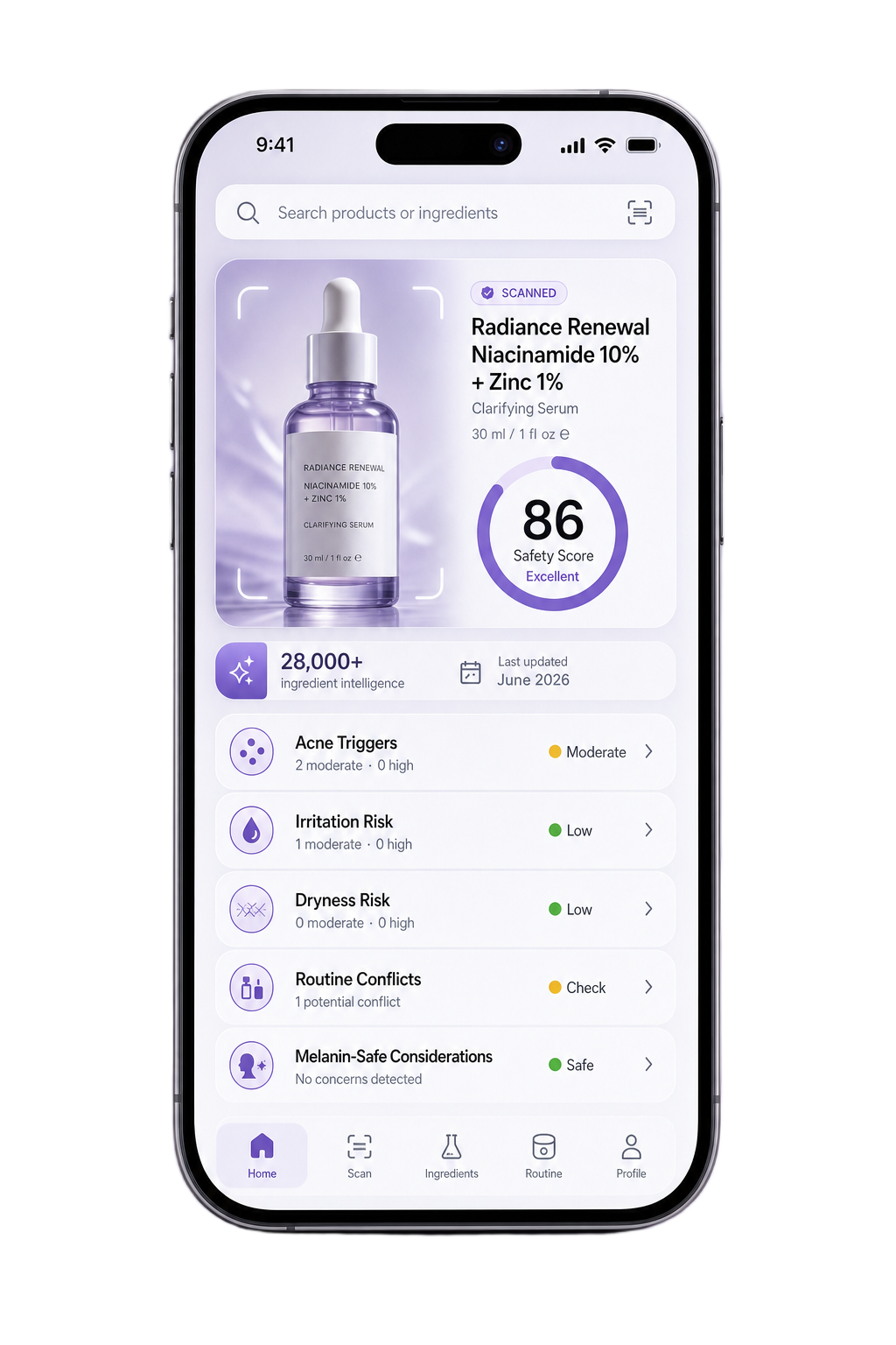 GlowLog ingredient intelligence screen