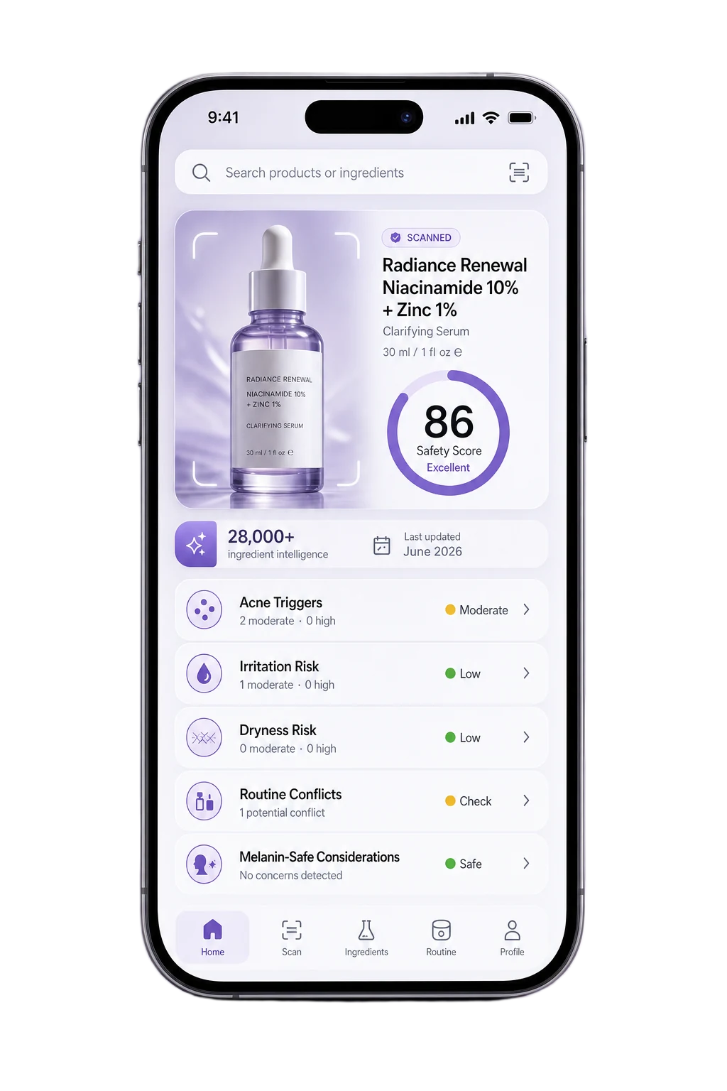 GlowLog ingredient intelligence screen